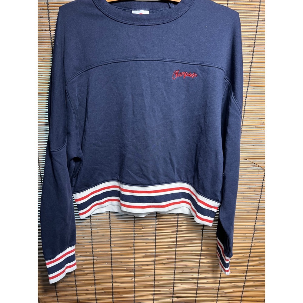 Champion Medium Sweatshirt Navy Blue Striped Trim Cotton Blend